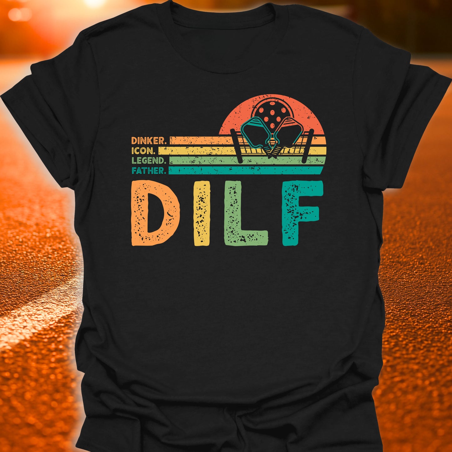 DILF Retro Sunset Pickleball Dad T-Shirt