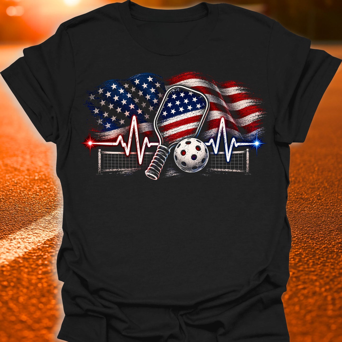 American Flag Heartbeat Pickleball T-Shirt