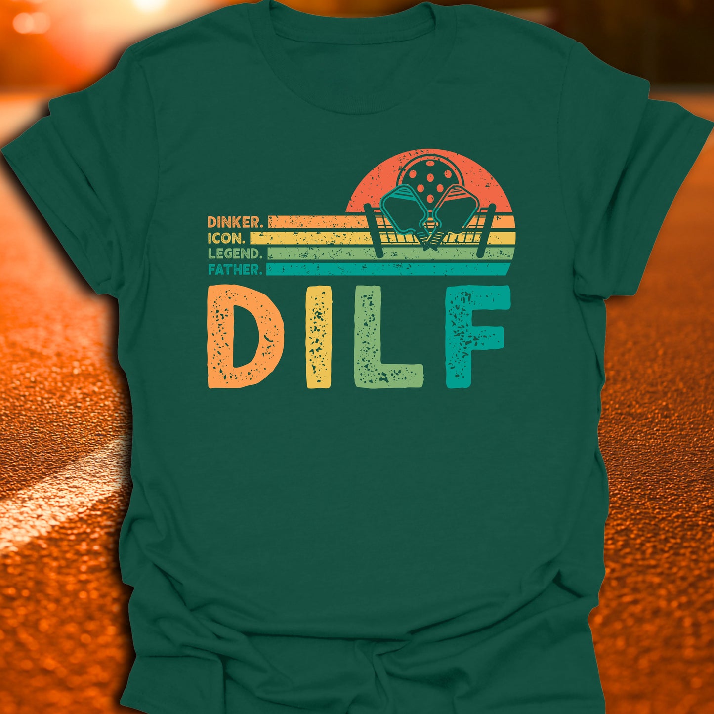 DILF Retro Sunset Pickleball Dad T-Shirt