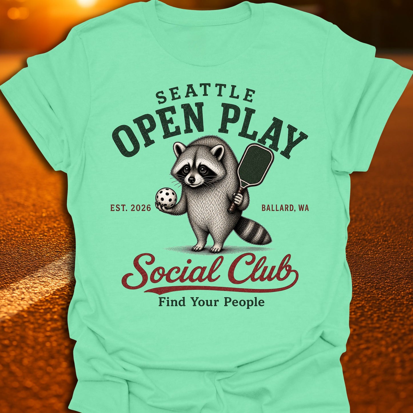 Seattle Open Play Social Club Jimothy Racoon Pickleball T-Shirt