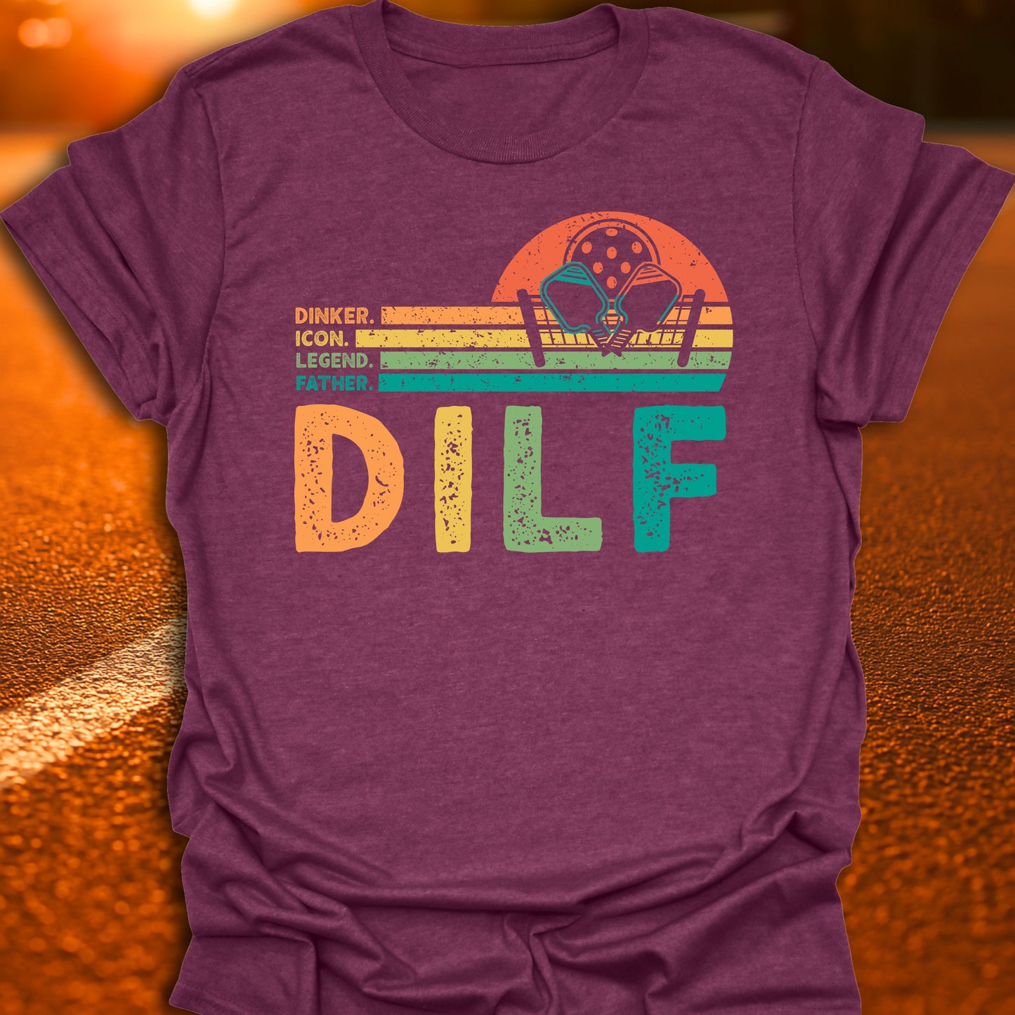DILF Retro Sunset Pickleball Dad T-Shirt
