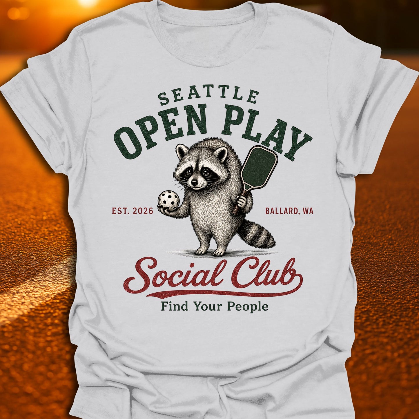 Seattle Open Play Social Club Jimothy Racoon Pickleball T-Shirt