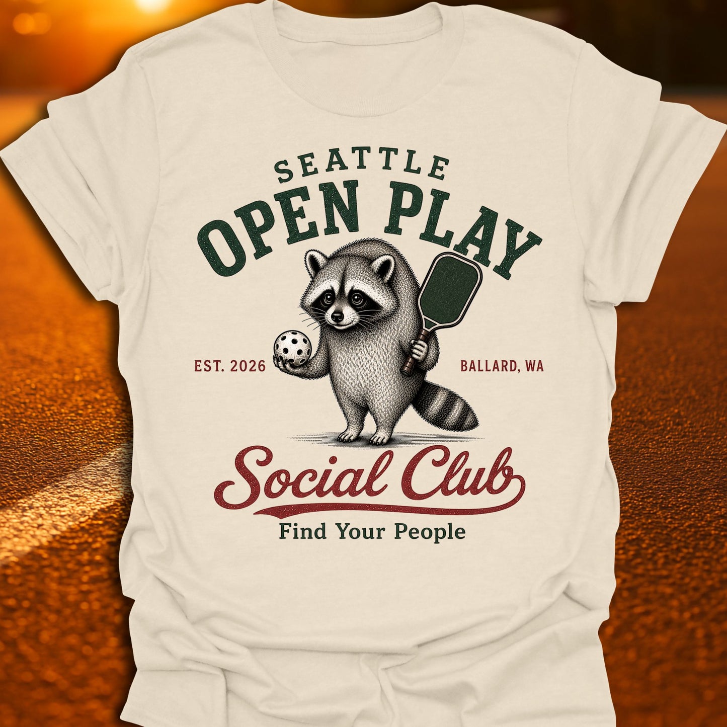 Seattle Open Play Social Club Jimothy Racoon Pickleball T-Shirt