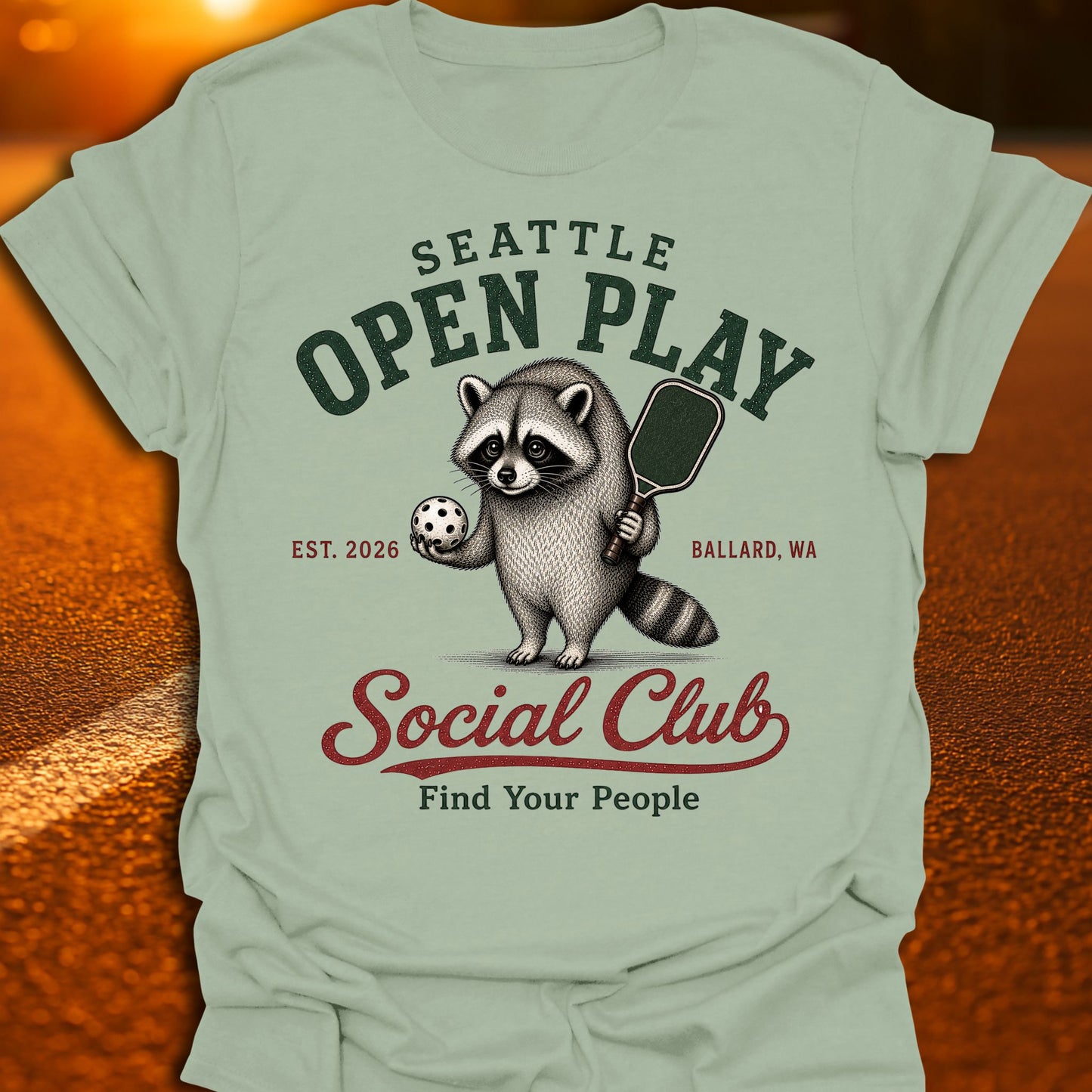 Seattle Open Play Social Club Jimothy Racoon Pickleball T-Shirt