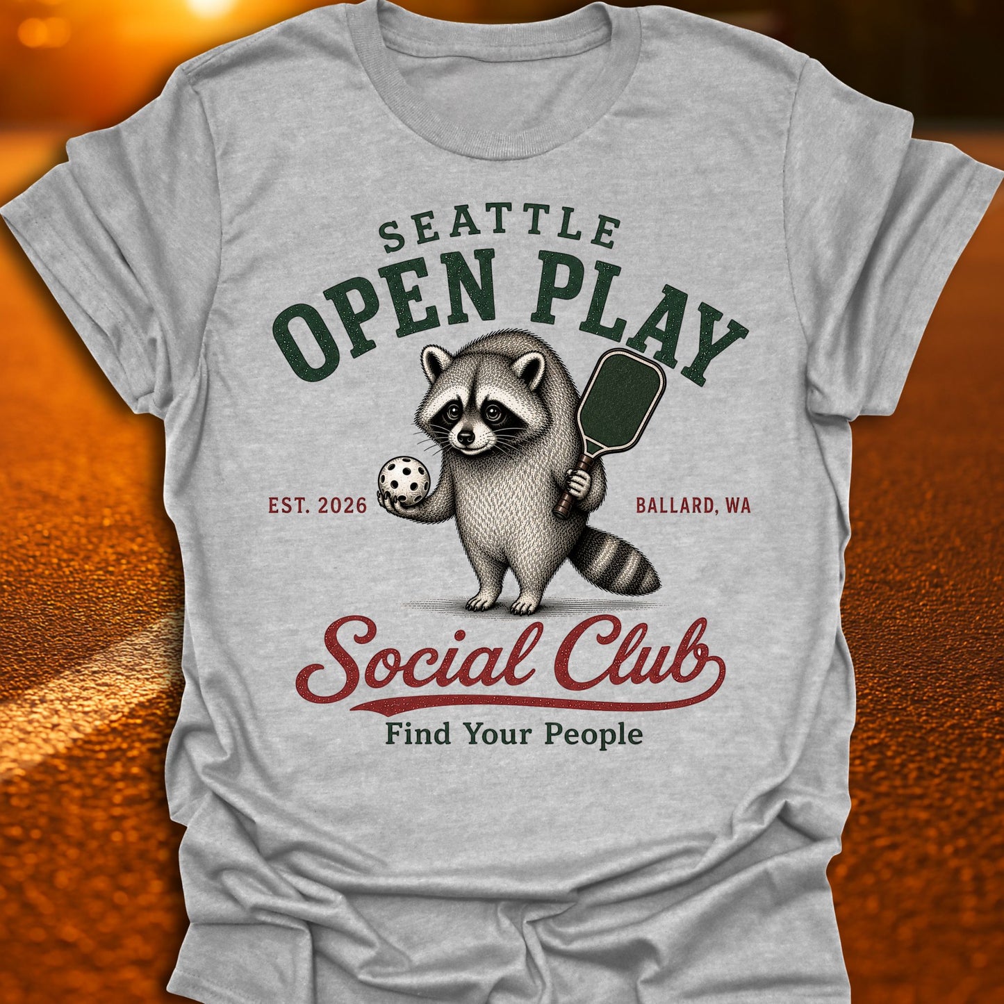 Seattle Open Play Social Club Jimothy Racoon Pickleball T-Shirt