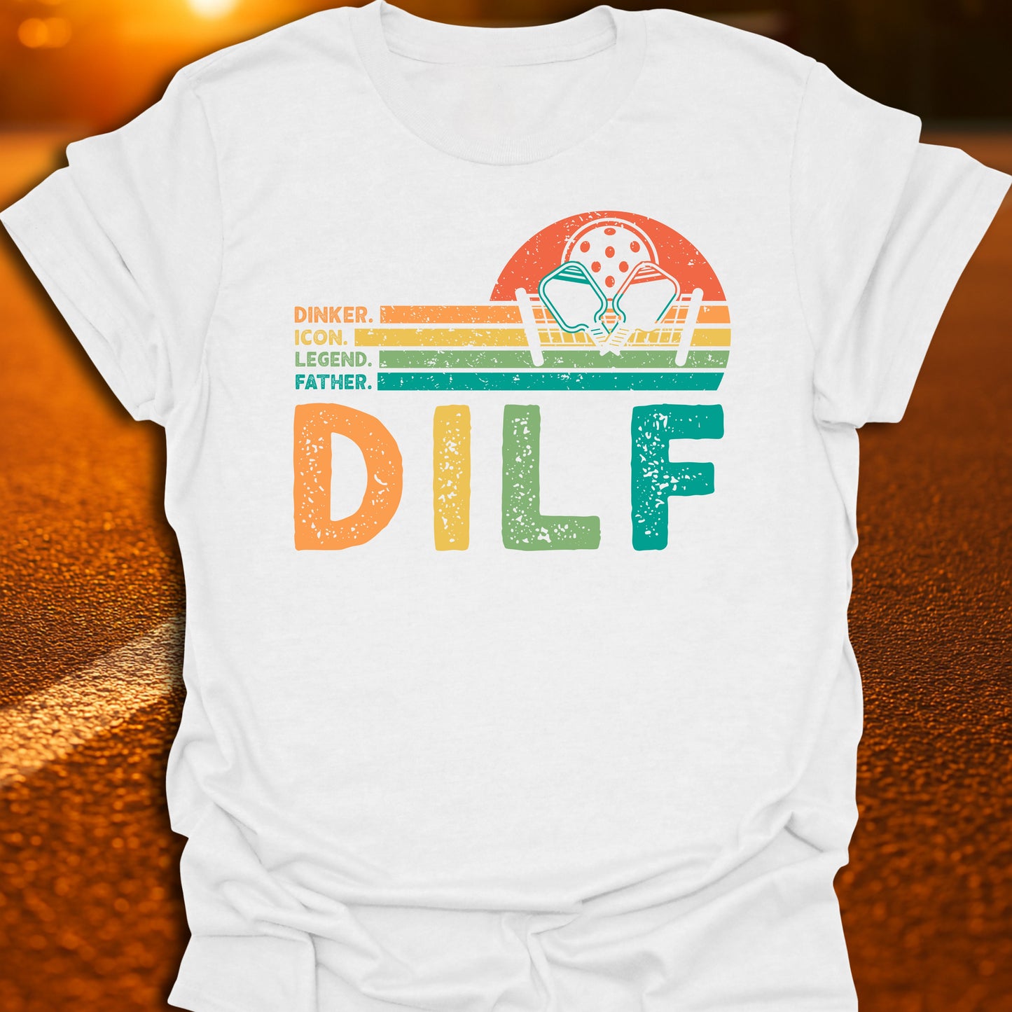DILF Retro Sunset Pickleball Dad T-Shirt