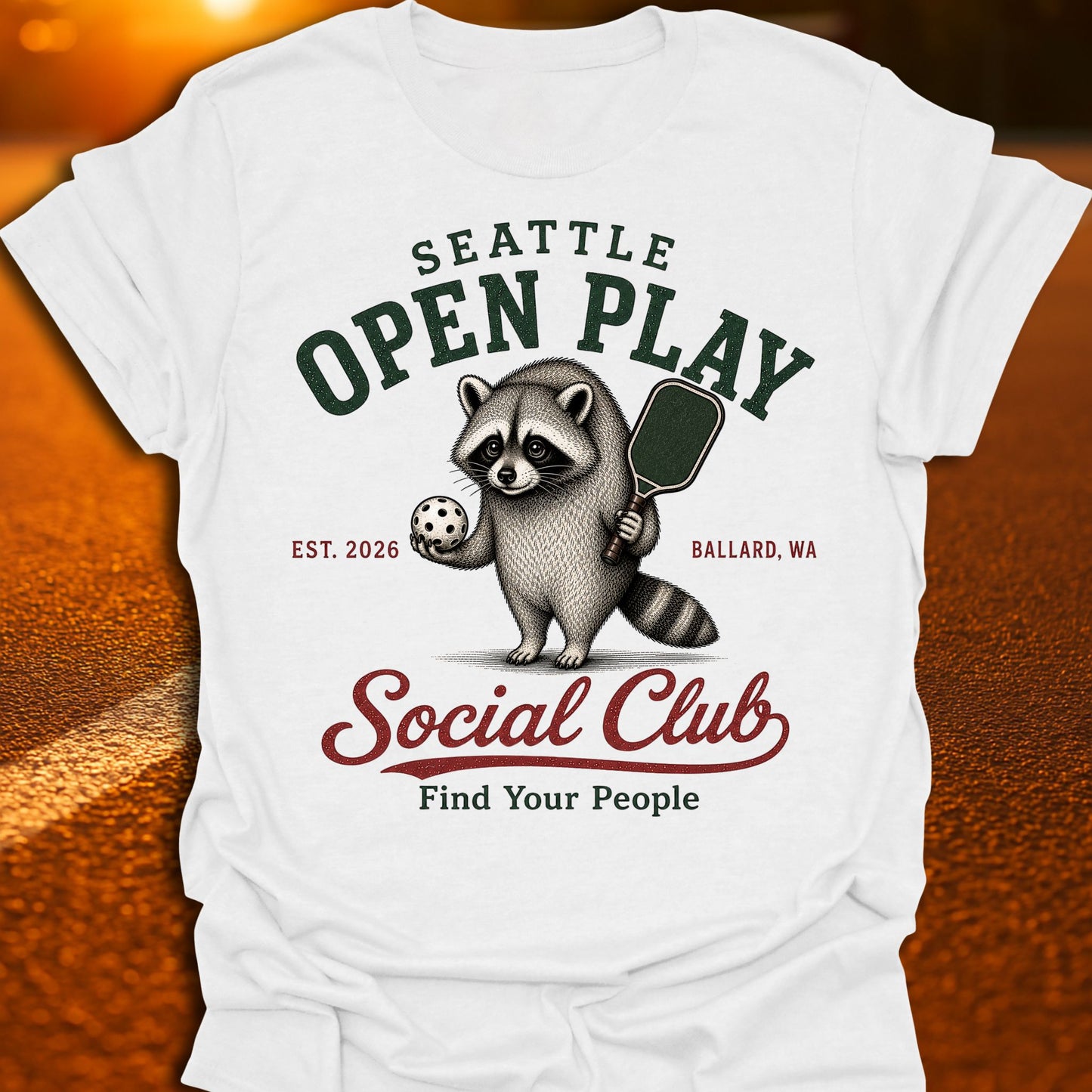 Seattle Open Play Social Club Jimothy Racoon Pickleball T-Shirt